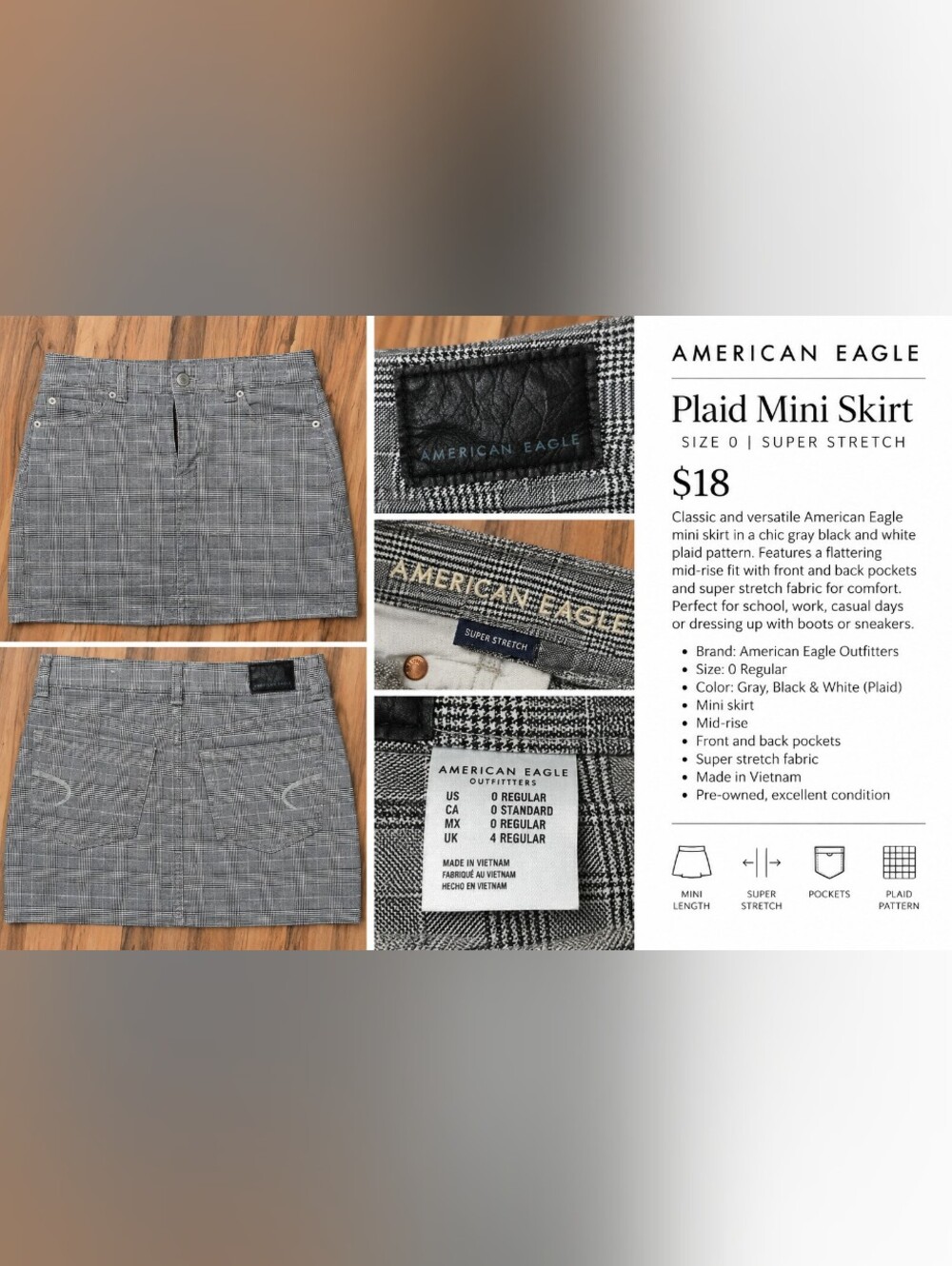 American Eagle Super Stretch Gray Plaid Mini Skirt Size 0 Y2K